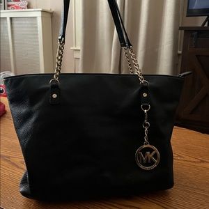 Michael Kors Black Leather Shoulder Bag with Gold Emblem